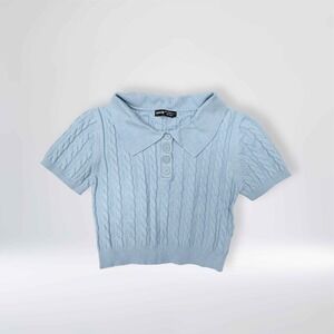 Baby Blue Cropped Cable Knit Short Sleeve Polo Shirt Top Women Size L